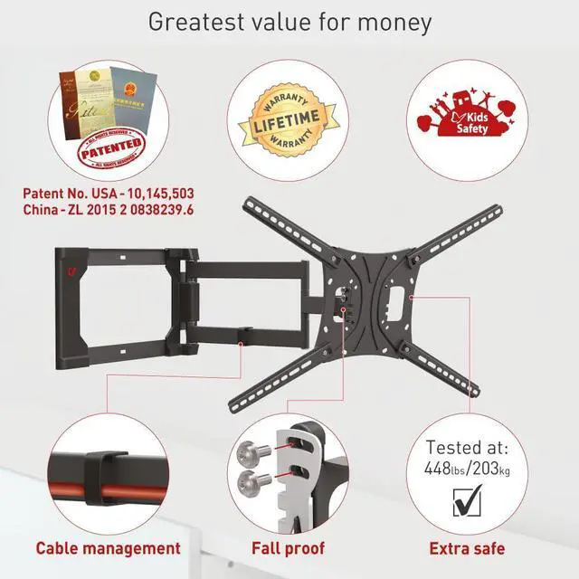 Alt view image 3 of 5 - Barkan TV Wall Mount, 40-80 inch Full Motion Articulating - 4 Movement Flat/Curved Screen Bracket, Holds up to 110lbs, Patented, Extra Stable