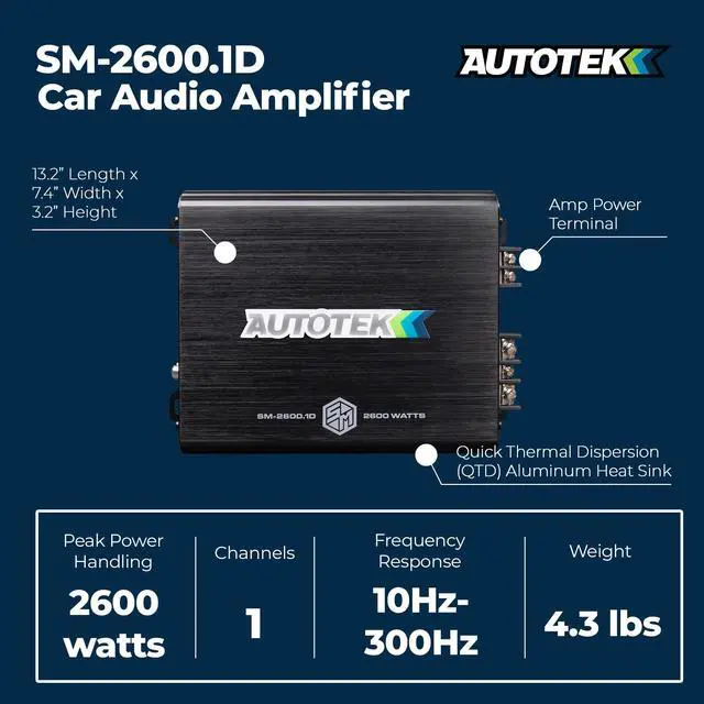 Alt view image 4 of 5 - Autotek Street Machine 2600W 2 Channel Car Audio Amplifier with Bass Knob & Equalizer to Optimize Frequencies for Subwoofers and Full-Range Speakers