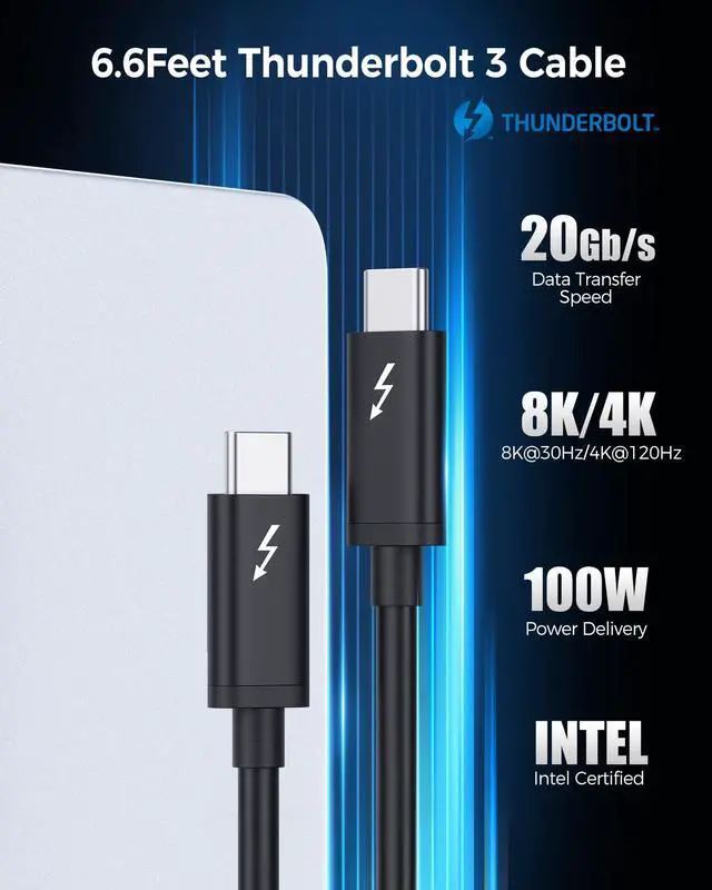 Alt view image 2 of 5 - Cable Matters [Intel Certified] 20Gbps Thunderbolt 3 Cable - 6.6ft, USB-C Thunderbolt Cable, Supports 100W Charging, 8K Video, and Data Transfer, Black