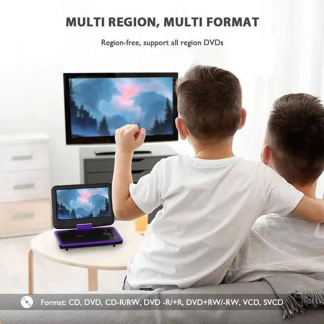 Alt view image 4 of 5 - ieGeek 11.5" Portable DVD Player for Kids and Car, 9.5" Eye-Protective Screen with 5 Hours Rechargeable Battery, Support Sync TV/USB/SD Card and Multiple Disc Formats, Regions Free - Purple