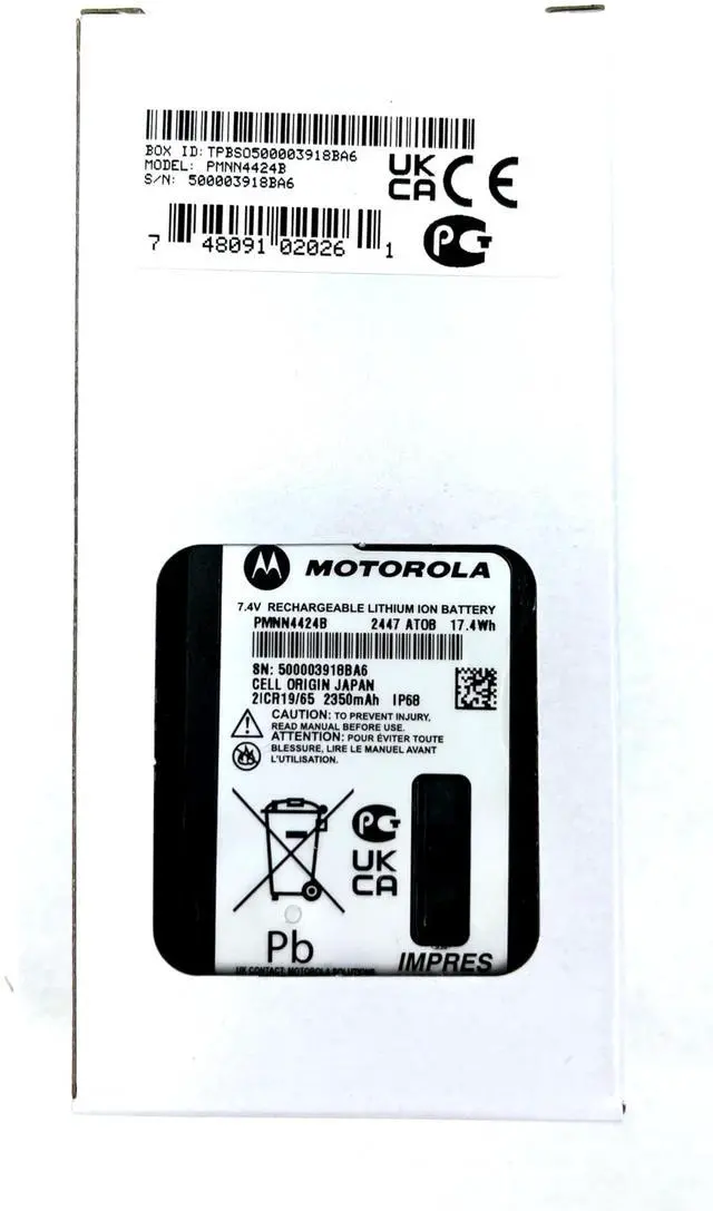Main image of Motorola Solutions PMNN4424, PMNN4424B OEM Li-ion 2350 mAh Radio Battery. Submersible IP68 Rating, IMPRES Charging Technology. APX4000 APX3000 APX900 APX1000