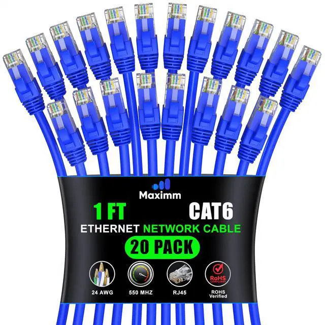 Main image of Maximm Cat 6 Ethernet Cable 1 ft (20-Pack) - High-Speed LAN Cable, Internet Cable, Patch Cable, and Network Cable - UTP, 10Gbps, 550MHz Ethernet Cord - Blue