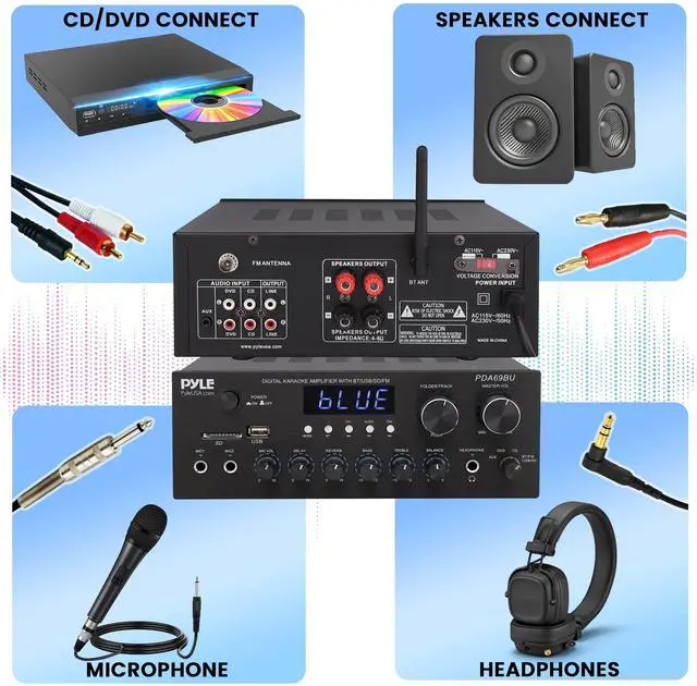 Alt view image 3 of 5 - Pyle Stereo Amplifier Audio Receiver with Remote Control - Bluetooth Streaming, MP3/USB/SD/FM Radio, 2.0 Channel HiFi Sound System with RCA/Aux Inputs, Microphone & Headphone Jacks, Adjustable Bass