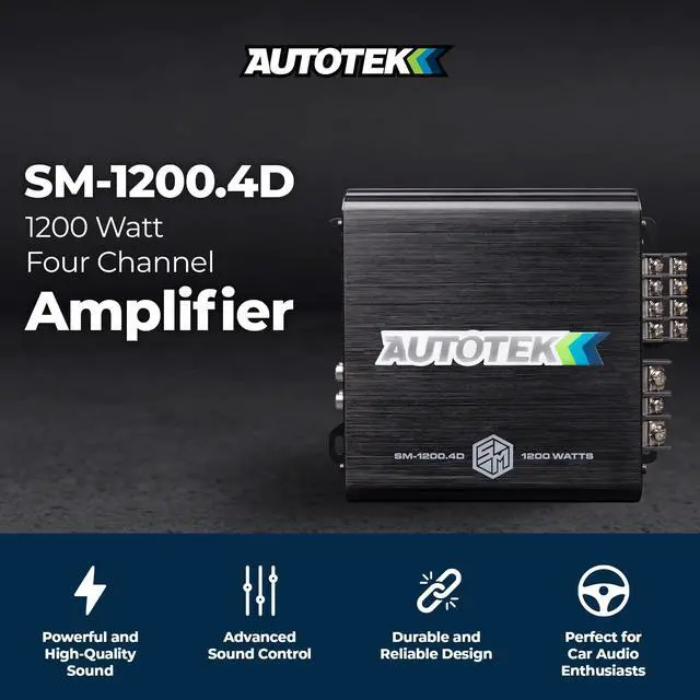 Alt view image 2 of 5 - Autotek 1200 Watt 4 Channel Car Audio Amplifier with Bass Knob, High Output Class D Mono Bridged 4 Ohm Stable Input, Street Machine, SM-1200.4D, Black