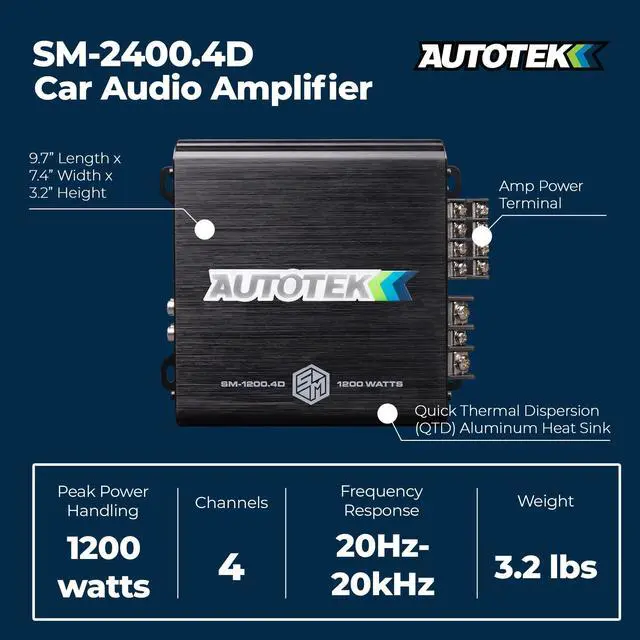 Alt view image 5 of 5 - Autotek 1200 Watt 4 Channel Car Audio Amplifier with Bass Knob, High Output Class D Mono Bridged 4 Ohm Stable Input, Street Machine, SM-1200.4D, Black