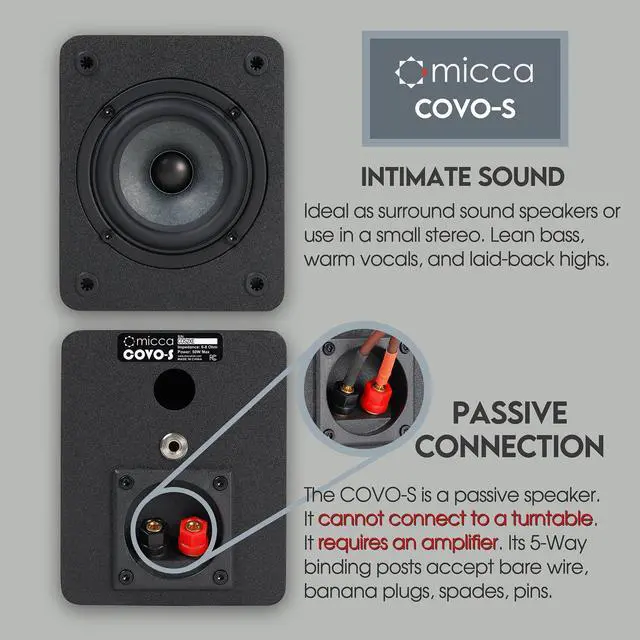 Alt view image 2 of 5 - Micca COVO-S 2-Way Passive Bookshelf Speakers, Amplifier Required, Not for Turntable, 3-Inch Woofer, 0.75-Inch Tweeter, Wall Mountable, Pair, Black