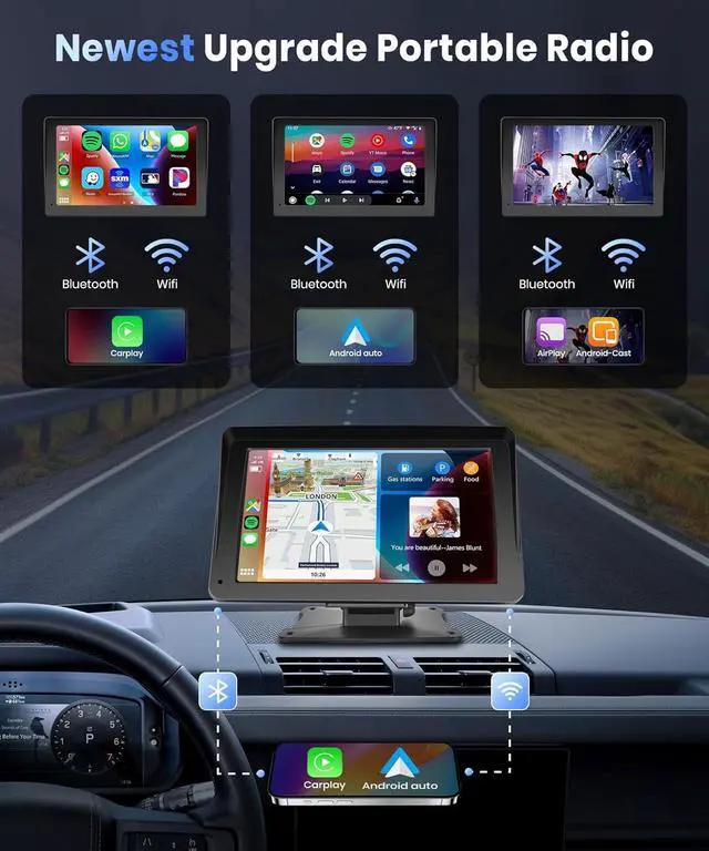 Alt view image 3 of 5 - Podofo Portable Car Stereo Wireless Carplay Android Auto,7 Inch Touch Screen Car Radio with Bluetooth Hands-Free/Mirror Link/Maps Navigation/Voice Control/TF Card/AUX,for Cars, Trucks, SUVs