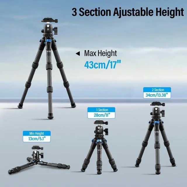 Alt view image 3 of 5 - SIRUI Carbon Fiber Travel Tripod with 360° B-00K Arca-Swiss Ballhead, Mini Desktop Tripod for Mirrorless Cameras, Folded Height 12.1", Max Height 16.6