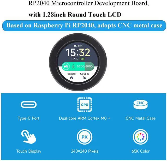 Alt view image 3 of 5 - RP2040 MCU Board Onboard 1.28inch Round Touch LCD with CNC Metal Case, 240×240 Pixels 65K IPS LCD Display, Accelerometer and Gyroscope Sensor, Type-C Connector 6 × GPIO Pin via SH1.0 Connector