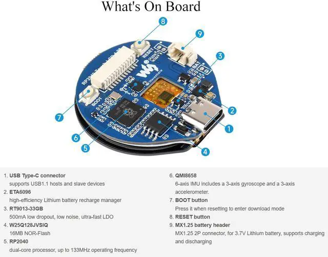 Alt view image 5 of 5 - RP2040 MCU Board Onboard 1.28inch Round Touch LCD with CNC Metal Case, 240×240 Pixels 65K IPS LCD Display, Accelerometer and Gyroscope Sensor, Type-C Connector 6 × GPIO Pin via SH1.0 Connector