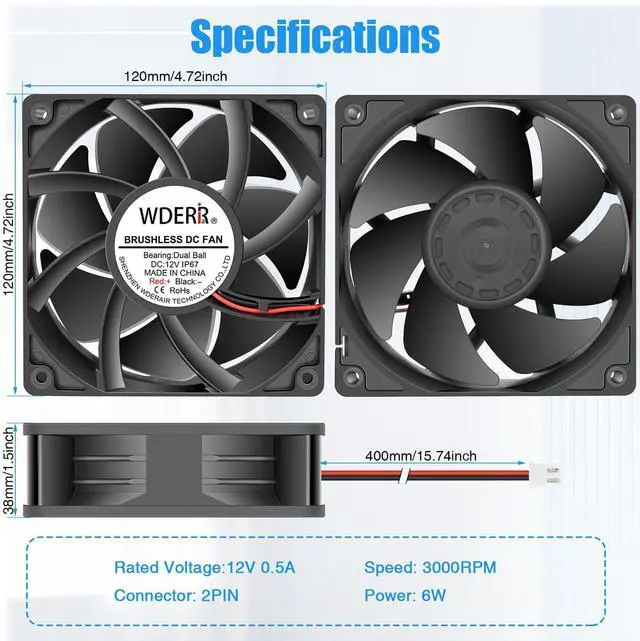 Alt view image 5 of 5 - WDERAIR 12V DC Waterproof and MoistureProof IP67 Rated 120mm x 38mm High Airflow Exhaust Cooling Fan for rv Fridge/Grow Tent/Greenhouse/Crawlspace/Boat/Ventilation 3000RPM 2-Pack