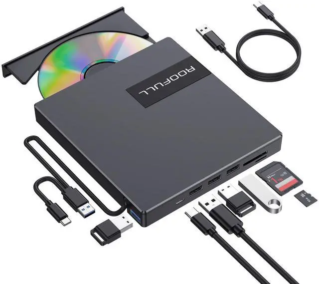 Main image of ROOFULL External CD DVD Drive with 4* USB Ports and 2* SD/TF Card Slot for Laptop, USB 3.0 Type-C CD-R/RW/ROM Reader Writer Burner DVD Player Disc Drive for PC Mac Windows 11/10 MacBook Linux Computer