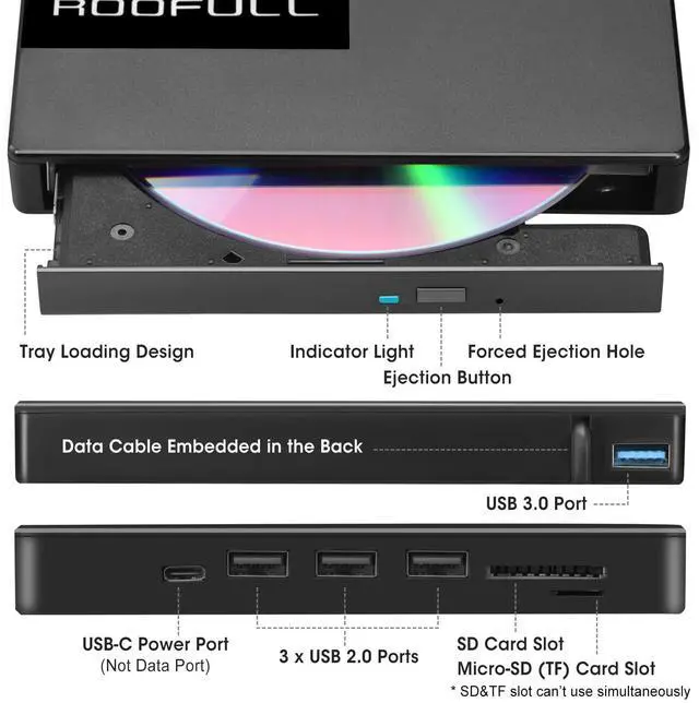 Alt view image 3 of 5 - ROOFULL External CD DVD Drive with 4* USB Ports and 2* SD/TF Card Slot for Laptop, USB 3.0 Type-C CD-R/RW/ROM Reader Writer Burner DVD Player Disc Drive for PC Mac Windows 11/10 MacBook Linux Computer