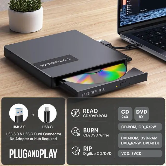 Alt view image 4 of 5 - ROOFULL External CD DVD Drive with 4* USB Ports and 2* SD/TF Card Slot for Laptop, USB 3.0 Type-C CD-R/RW/ROM Reader Writer Burner DVD Player Disc Drive for PC Mac Windows 11/10 MacBook Linux Computer