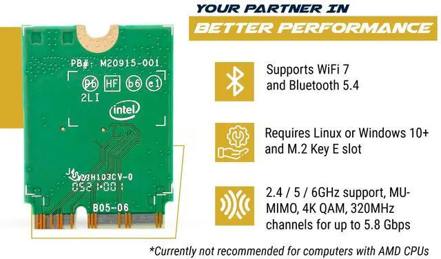 Alt view image 2 of 5 - WiFi 7 Adapter for Intel BE200 | M.2 PCIe Format | Tri-Band 2.4/5/6 GHz | Up to 5.8 Gbps | WiFi Card for PCs | Bluetooth 5.4 Compatible | for Intel PC with Windows 10/11 | BE200NGW