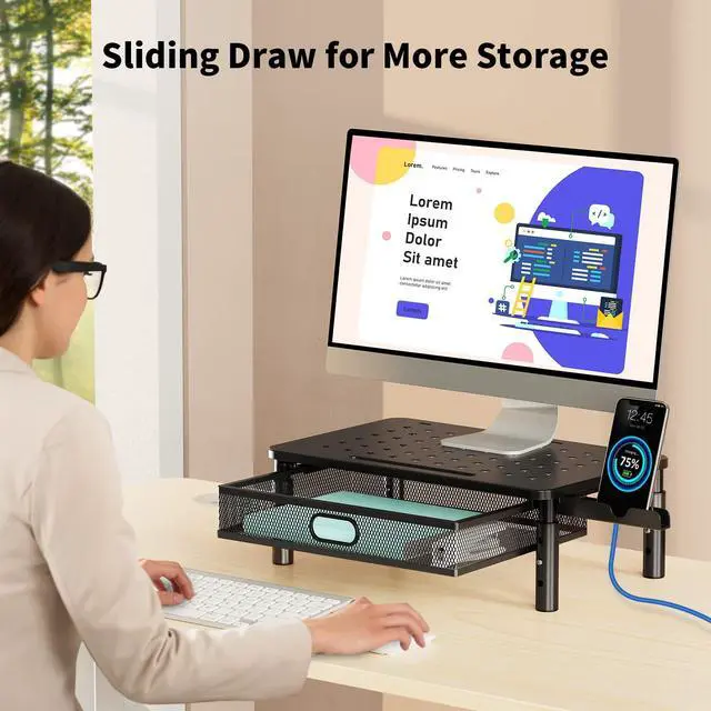 Alt view image 4 of 5 - Zimilar 2-Tier Height Adjustable Monitor Riser with Metal Mesh Drawer and Foldable Phone Holder for Computer, Black, MDF and Metal