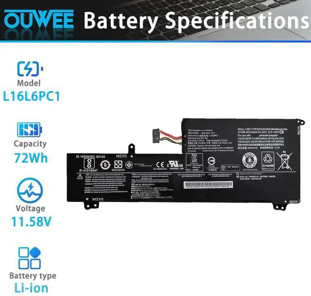 Alt view image 2 of 5 - OUWEE L16L6PC1 L16M6PC1 Laptop Battery Compatible with Lenovo Yoga 720-15IKB Series Notebook L16M6PC1 L16C6PC1 5B10M53745 5B10M53743 5B10M53744 11.58V 72Wh 6217mAh