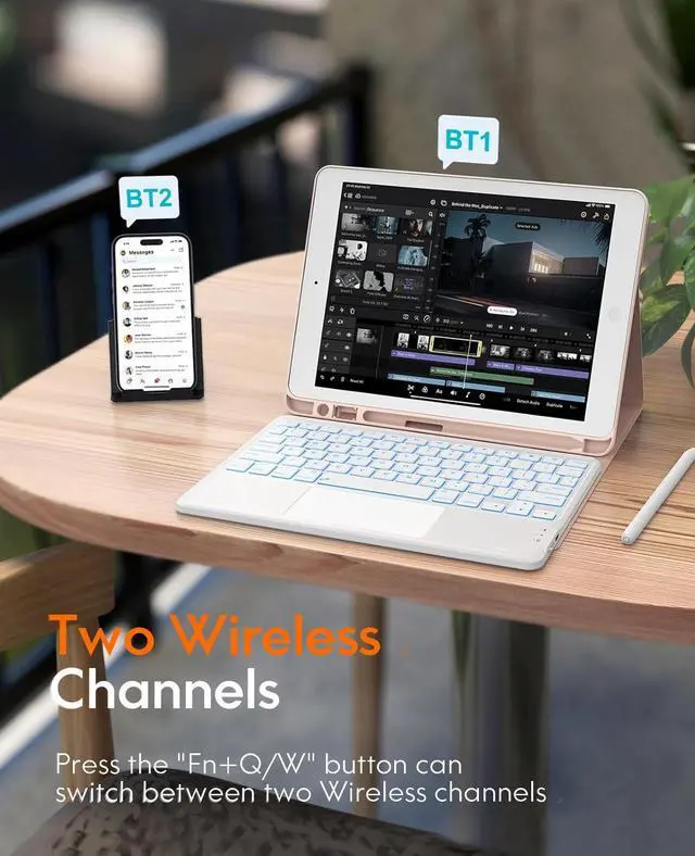 Alt view image 3 of 5 - CHESONA for iPad 9th Generation Case with Keyboard, 7 Color Backlit, Multi-Touch Trackpad, Built-in Pencil Holder, 2 Wireless Channels, Flip Stand Keyboard Case for iPad 9th/8th/7th Gen 10.2 Pink