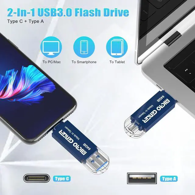 Alt view image 2 of 5 - INLAND Micro Center SuperSpeed 5 Pack 64GB Daul Drive USB 3.0 Type C & Type A OTG 2-in-1 up to 100MB/s Flash Drive Thumb Drive Memory Storage Stick for Android Computers MacBook Tablets PC, Blue