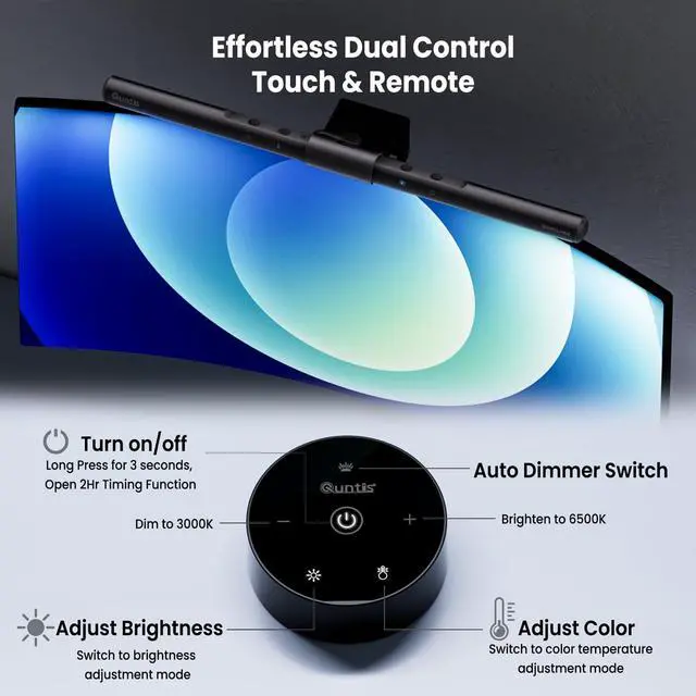 Alt view image 3 of 5 - Quntis Computer Monitor Lamp, Screen Monitor Light Bar for Eye Caring, USB Reading LED Task Lamp with Auto-Dimming, Dimmable Light Bar, Touch Control, No Glare Space Saving Home Office Desk Lamps
