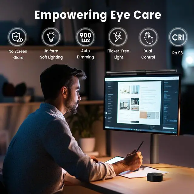 Alt view image 2 of 5 - Quntis Computer Monitor Lamp, Screen Monitor Light Bar for Eye Caring, USB Reading LED Task Lamp with Auto-Dimming, Dimmable Light Bar, Touch Control, No Glare Space Saving Home Office Desk Lamps