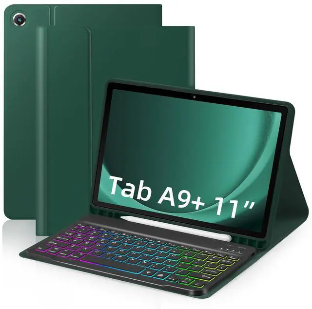 Main image of EAMPANG Case with Keyboard for Samsung Galaxy Tab A9 Plus 11 inch (SM-X210/X215/X216/X218),7 Color Rainbow Backlight Detachable USB-C Keyboard Magnetic Case with Pen Slot for Tablet A9+ 5G Dark Green