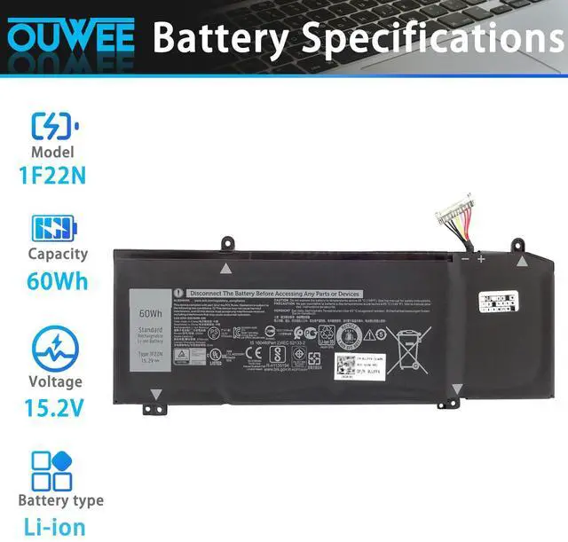 Alt view image 2 of 5 - OUWEE 1F22N Laptop Battery for Dell Alienware M15 R1 M17 R1, G5 15 5590 5590-D2783W 5590-D2743B D2842W D2843W D2865B G7 7590 D2785B ALW15M-D1523S, fit for JJPFK 0JJPFK 06YV0V HYWXJ 0HYWXJ 15.2V 60WH