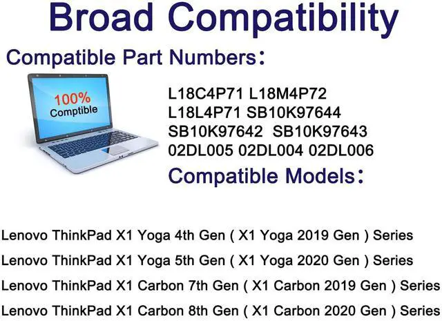 Alt view image 5 of 5 - L18C4P71 L18M4P72 L18L4P71 Laptop Battery Replacement for Lenovo ThinkPad X1 Yoga 4th/5th Gen , ThinkPad X1 Carbon 7th Carbon 8 Gen 5B10W13932 02DL006 SB10K97644 SB10K97642 02DL004 SB10K97643 02DL005