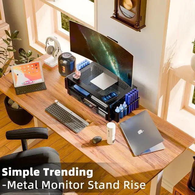 Alt view image 2 of 5 - Simple Trending 2 Tier Metal Monitor Stand Monitor riser and Computer Desk Organizer with Drawer and Pen Holder for Laptop, Computer, iMac, Black