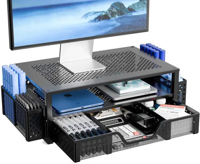 Main image of Simple Trending 2 Tier Metal Monitor Stand Monitor riser and Computer Desk Organizer with Drawer and Pen Holder for Laptop, Computer, iMac, Black