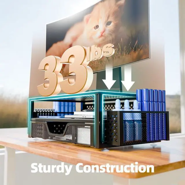 Alt view image 5 of 5 - Simple Trending 2 Tier Metal Monitor Stand Monitor riser and Computer Desk Organizer with Drawer and Pen Holder for Laptop, Computer, iMac, Black