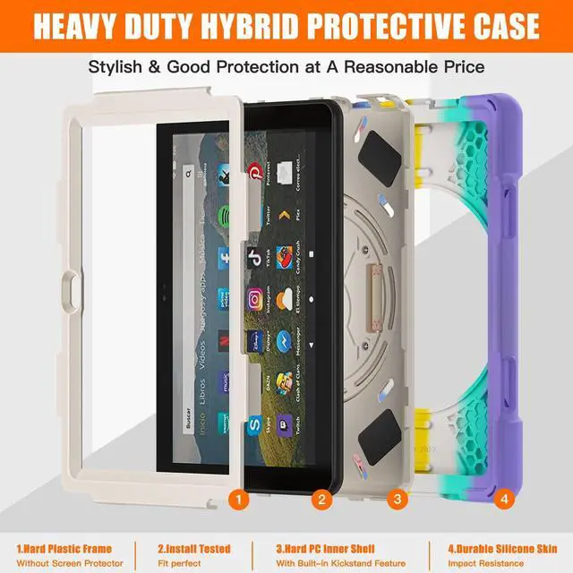Alt view image 3 of 4 - Rugged Case for Amazon-Kindle-Fire-HD-8 & 8 Plus Tablet (12th Generation, 2022) 8 w/ 360° Rotating Hands-Free Kickstand, Full Body Armor Heavy Duty Shock-Proof Cover w/Hand/Shoulder Strap(Macaron)