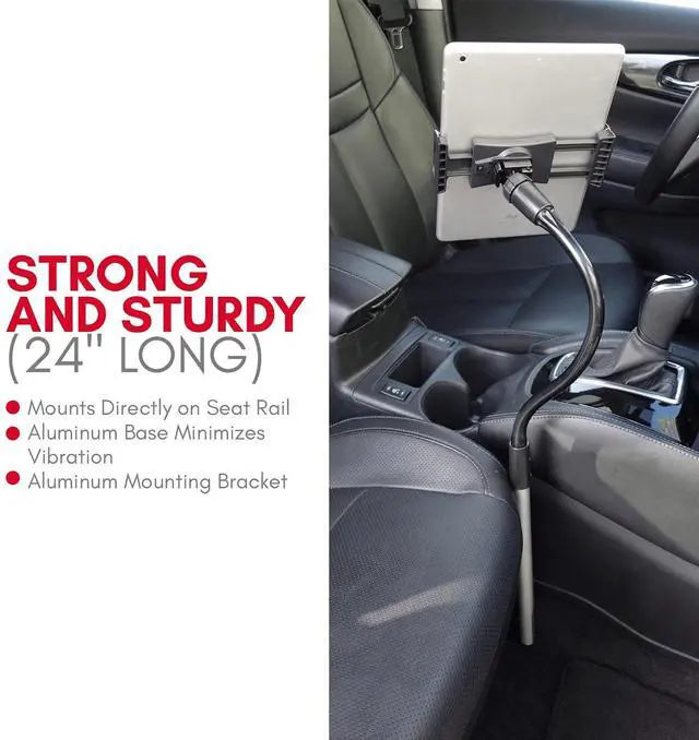 Alt view image 2 of 5 - Macally Car Seat Rail Mount - Super Secure Tablet and Phone Holder for Car, Truck, and Any Vehicle - Adjustable Gooseneck iPad Mount - Works With All iPad, iPhone, Tablets