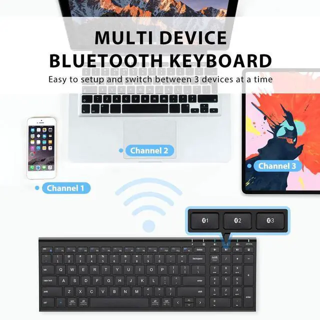 Alt view image 2 of 5 - iClever BK10 Bluetooth Keyboard, Universal Bluetooth 5.1 Wireless Keyboard with Number Pad, Ergonomic Design, Multi-Device Compatibility, Stable Connection for Mac, iPad, iPhone, Android, Windows