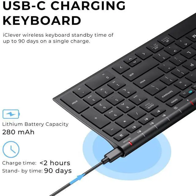 Alt view image 4 of 5 - iClever BK10 Bluetooth Keyboard, Universal Bluetooth 5.1 Wireless Keyboard with Number Pad, Ergonomic Design, Multi-Device Compatibility, Stable Connection for Mac, iPad, iPhone, Android, Windows