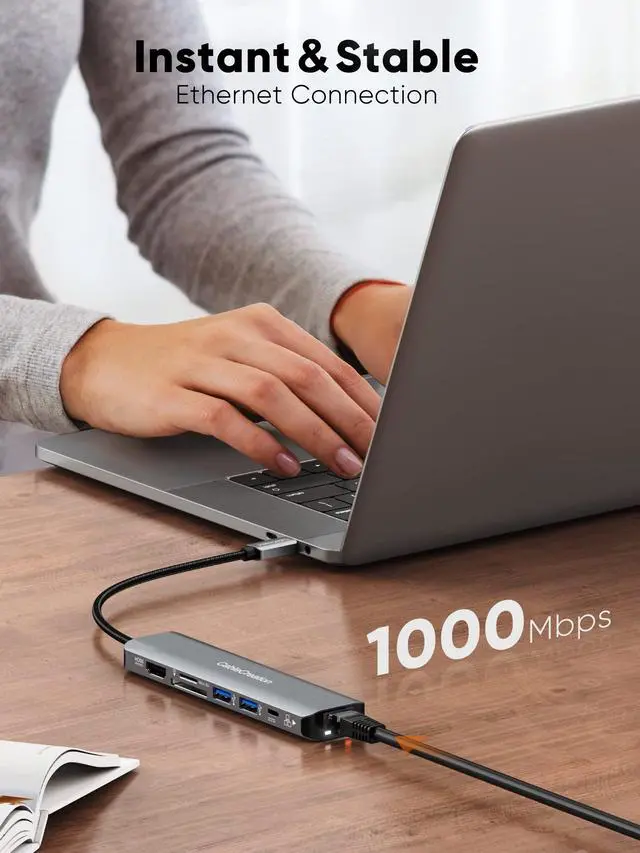 Alt view image 4 of 5 - USB C Hub 4K 60Hz, CableCreation 7-in-1 USB-C Hub Multiport Adapter with 1Gbps Ethernet, HDMI, 2 USB 3.0 Ports, 100W PD and SD/TF Cards Reader, Compatible with Steam Deck MacBook Pro/Air, iPad Pro