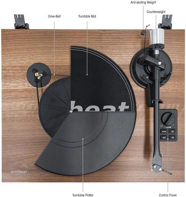 Alt view image 3 of 5 - mbeat Bluetooth Hi-Fi Vinyl Turntable Record Player with Bookshelf Speakers, 33/45 RPM, Wireless Streaming, MMC Stylus, Solid Metal Platter, Dust Cover & Adjustable Counterweight and Anti-Skating