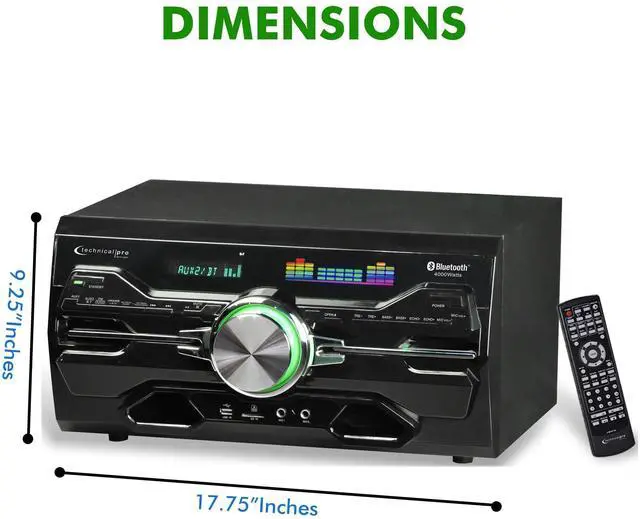Alt view image 2 of 5 - Technical Pro 4000 Watts Professional Bluetooth Home Audio Receiver w/Built-in DVD Player, Dual 1/4'' Mic and USB SD Inputs, Volume and Echo Controls, Remote Included, for Karaoke, Parties and More