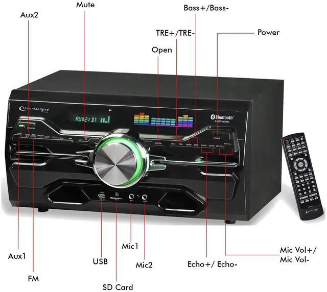 Alt view image 5 of 5 - Technical Pro 4000 Watts Professional Bluetooth Home Audio Receiver w/Built-in DVD Player, Dual 1/4'' Mic and USB SD Inputs, Volume and Echo Controls, Remote Included, for Karaoke, Parties and More
