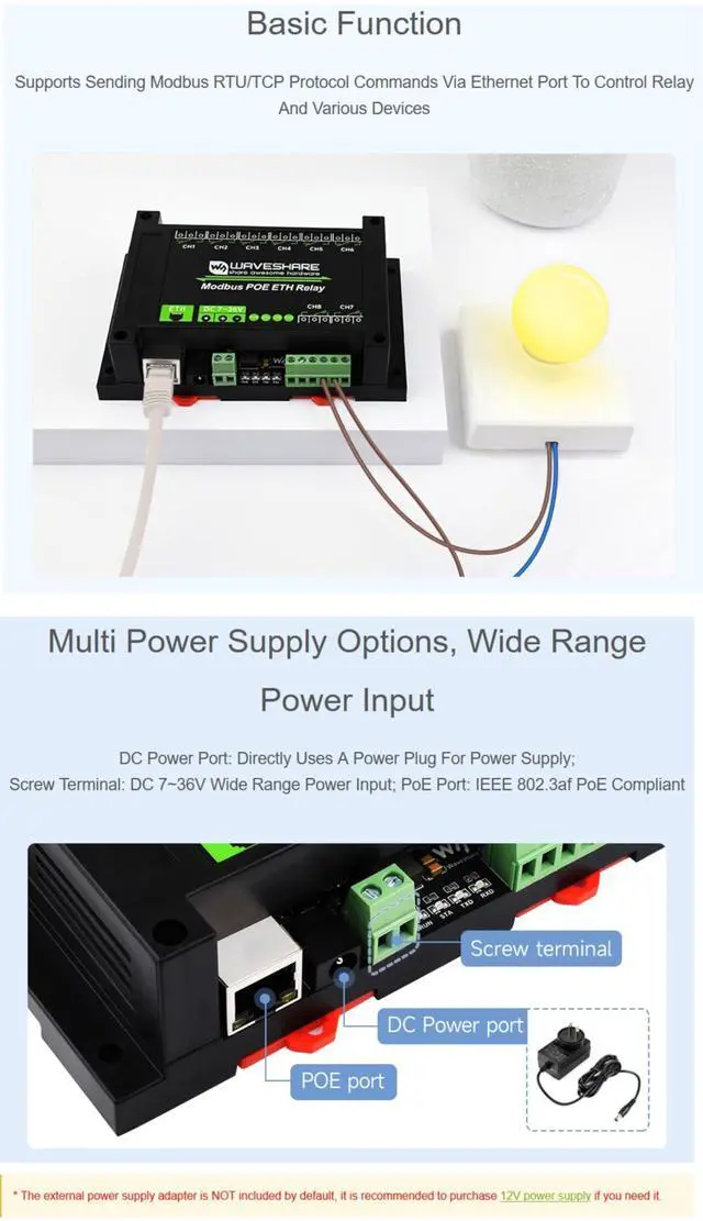 Alt view image 2 of 5 - 8-CH Ethernet Relay Module, Adopt Modbus RTU/Modbus TCP Protocol, Supports PoE Power Supply, with Various Isolation and Protection Circuits, Industrial Grade Rail-Mount Case