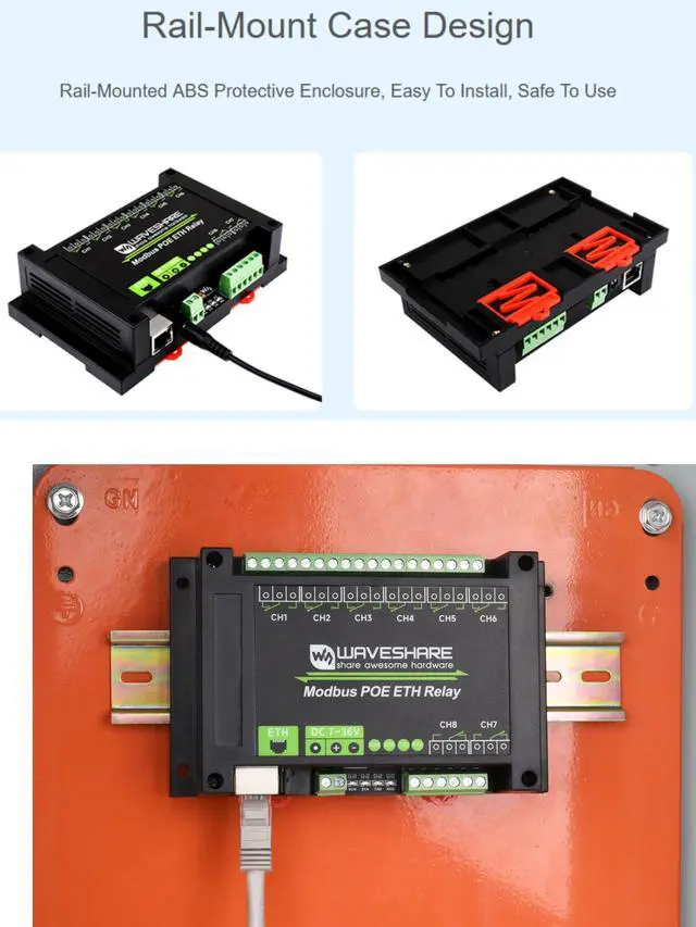 Alt view image 5 of 5 - 8-CH Ethernet Relay Module, Adopt Modbus RTU/Modbus TCP Protocol, Supports PoE Power Supply, with Various Isolation and Protection Circuits, Industrial Grade Rail-Mount Case