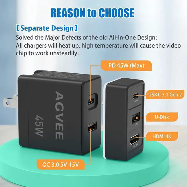 Alt view image 2 of 5 - AGVEE Portable Replacement Switch OLED Dock Station Adapter, Multi in 1, 4K HDMI PD 45W Compatible with Nintendo Switch OLED with USB Type-C 3.1 Gen 2 Power Cable, Black