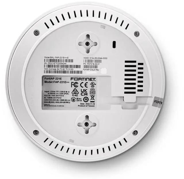 Alt view image 2 of 5 - Fortinet FortiAP 221E | 802.11ac Wave 2 indoor wireless Access Point - dual radio, 4 internal Antennas, 1 x 10/100/1000 RJ45 port (FAP-221E-A)