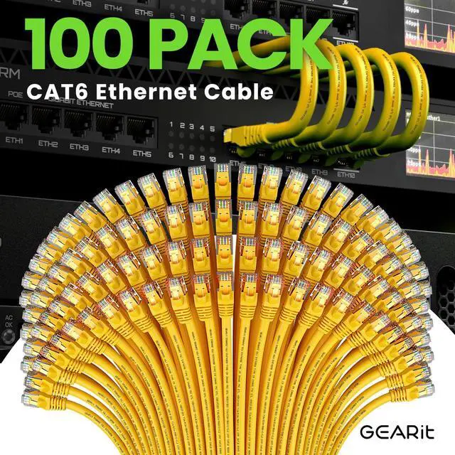 Alt view image 2 of 5 - GEARit Cat 6 Ethernet Cable (100-Pack 1 Foot) Cat6 Network Patch, 10Gbps, RJ45, Snagless Cord, Gold-Plated Connectors, Internet for PC, TV, Tablet, Router, Printer, Servers, IT Data Center - Yellow