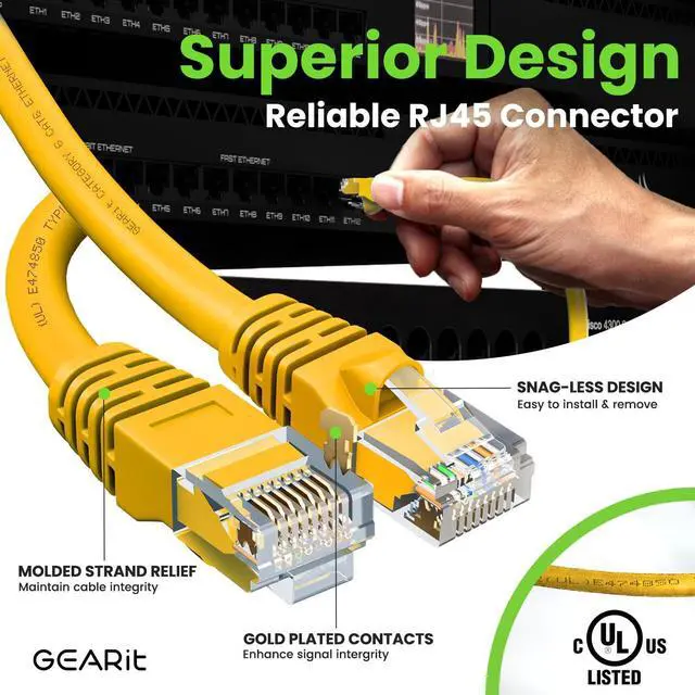 Alt view image 4 of 5 - GEARit Cat 6 Ethernet Cable (100-Pack 1 Foot) Cat6 Network Patch, 10Gbps, RJ45, Snagless Cord, Gold-Plated Connectors, Internet for PC, TV, Tablet, Router, Printer, Servers, IT Data Center - Yellow