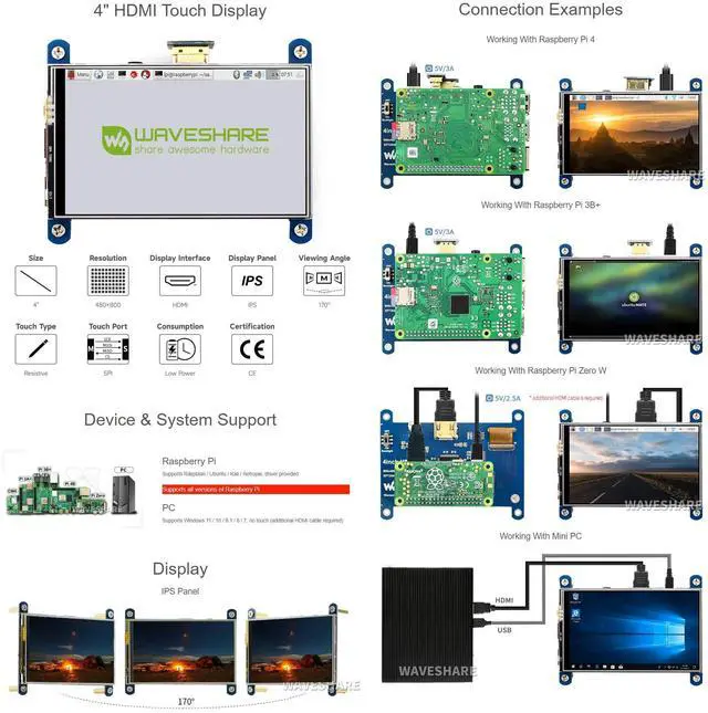 Alt view image 3 of 5 - waveshare 4inch Resistive Touch Screen LCD Compatible with Raspberry Pi 4B/3B+/3A+/2B/B+/A+/Zero/Zero W/WH/Zero 2W CM3+/4 480×800 Resolution HDMI IPS Low Power Consumption Supports Windows