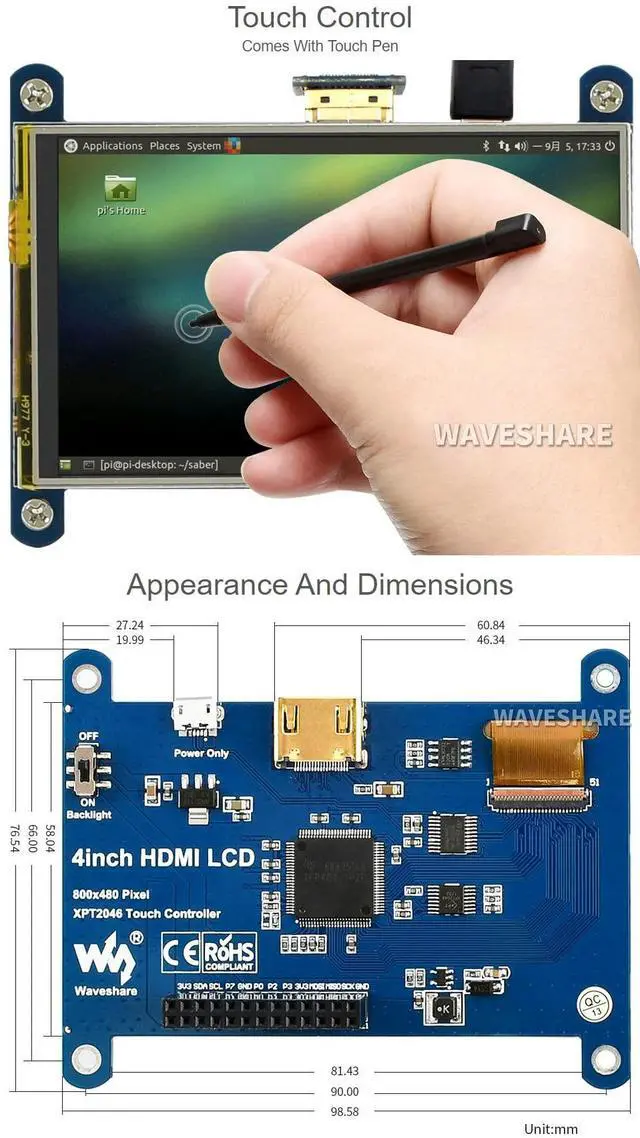Alt view image 4 of 5 - waveshare 4inch Resistive Touch Screen LCD Compatible with Raspberry Pi 4B/3B+/3A+/2B/B+/A+/Zero/Zero W/WH/Zero 2W CM3+/4 480×800 Resolution HDMI IPS Low Power Consumption Supports Windows