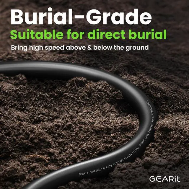 Alt view image 3 of 5 - GEARit RJ45 Cat-6 Ethernet Patch Cable, 10Gpbs Transfer Speed, Gold-Plated Connectors, Copper Clad, Outdoor, UV Resistant, Direct Burial, Waterproof, Durable, 200 Foot (60.9 Meters), Black