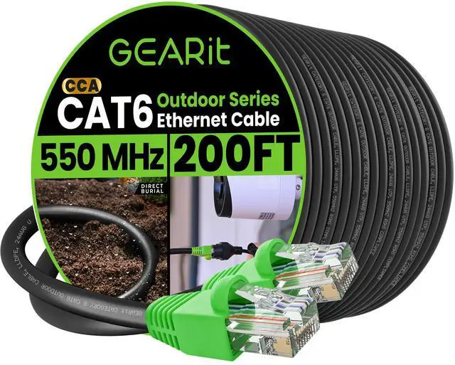 Main image of GEARit RJ45 Cat-6 Ethernet Patch Cable, 10Gpbs Transfer Speed, Gold-Plated Connectors, Copper Clad, Outdoor, UV Resistant, Direct Burial, Waterproof, Durable, 200 Foot (60.9 Meters), Black