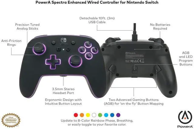 Alt view image 5 of 5 - PowerA Enhanced Nintendo Switch Controller Wired - Spectra, 8 Colors LED Wired Pro Controller for Switch, Programmable Gaming Buttons, Detachable 10ft USB Cable, 3.5mm headphone jack, Officially Licen